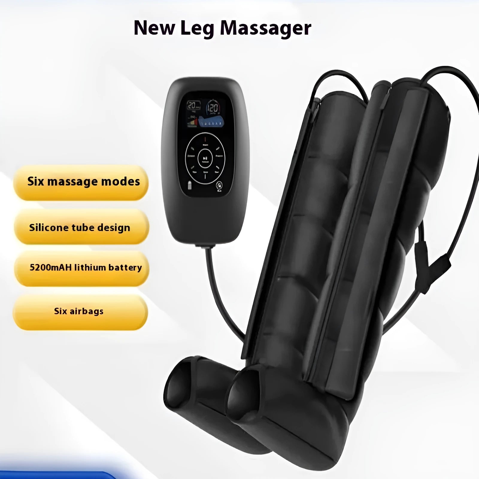 Air wave pressure massager unit with handheld remote control showing three leg size options