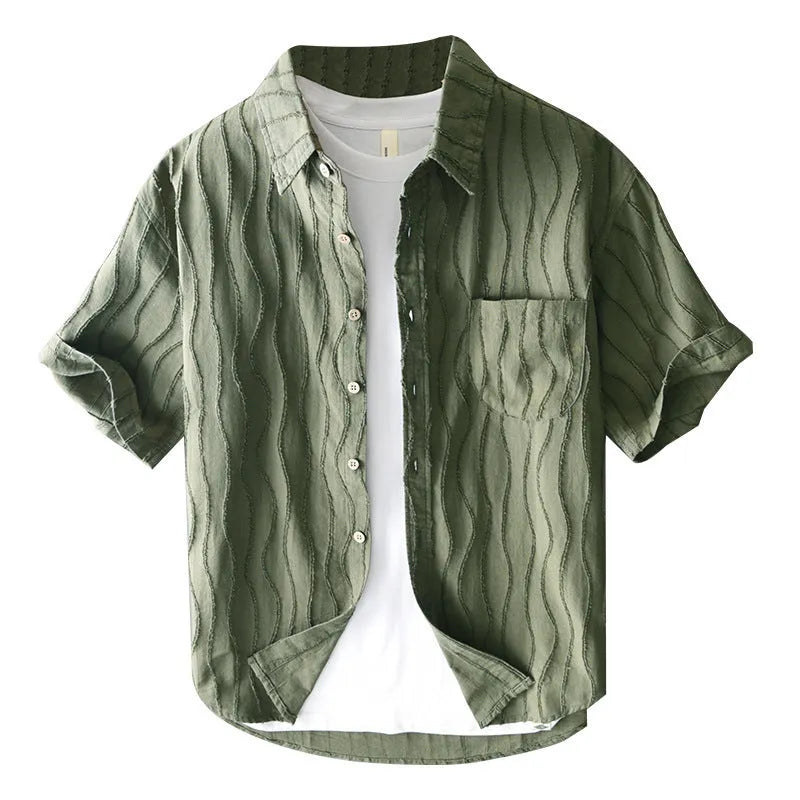 Men's apricot coloured pure cotton loose-fit casual summer shirt with short sleeves.