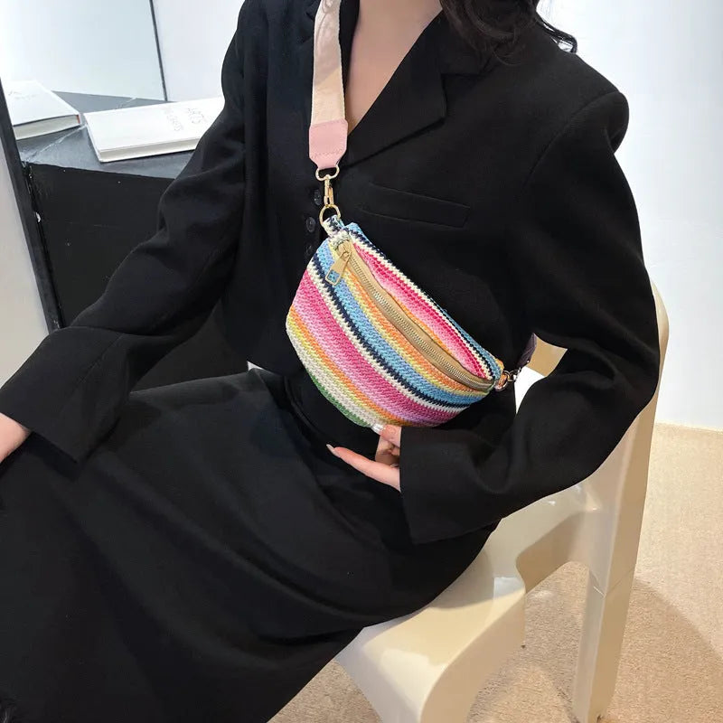 Bohemian woven straw beach bag with single strap in pink or blue showing sandwich pocket and shell shape