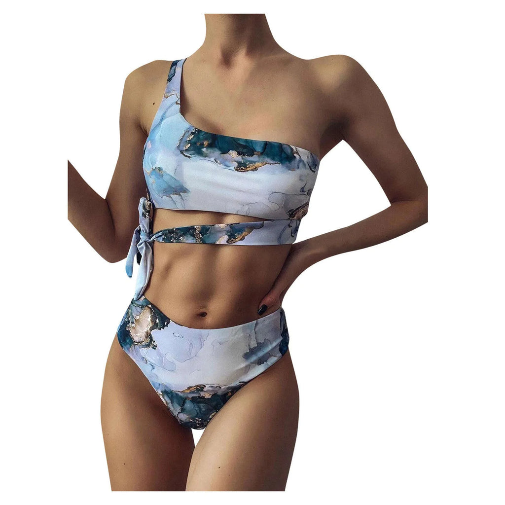 Women's marble tie-dye high waist bikini with U-neck top and conservative briefs