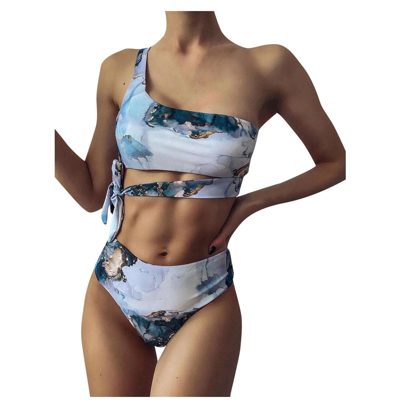 Women's marble tie-dye high waist bikini with U-neck top and conservative briefs