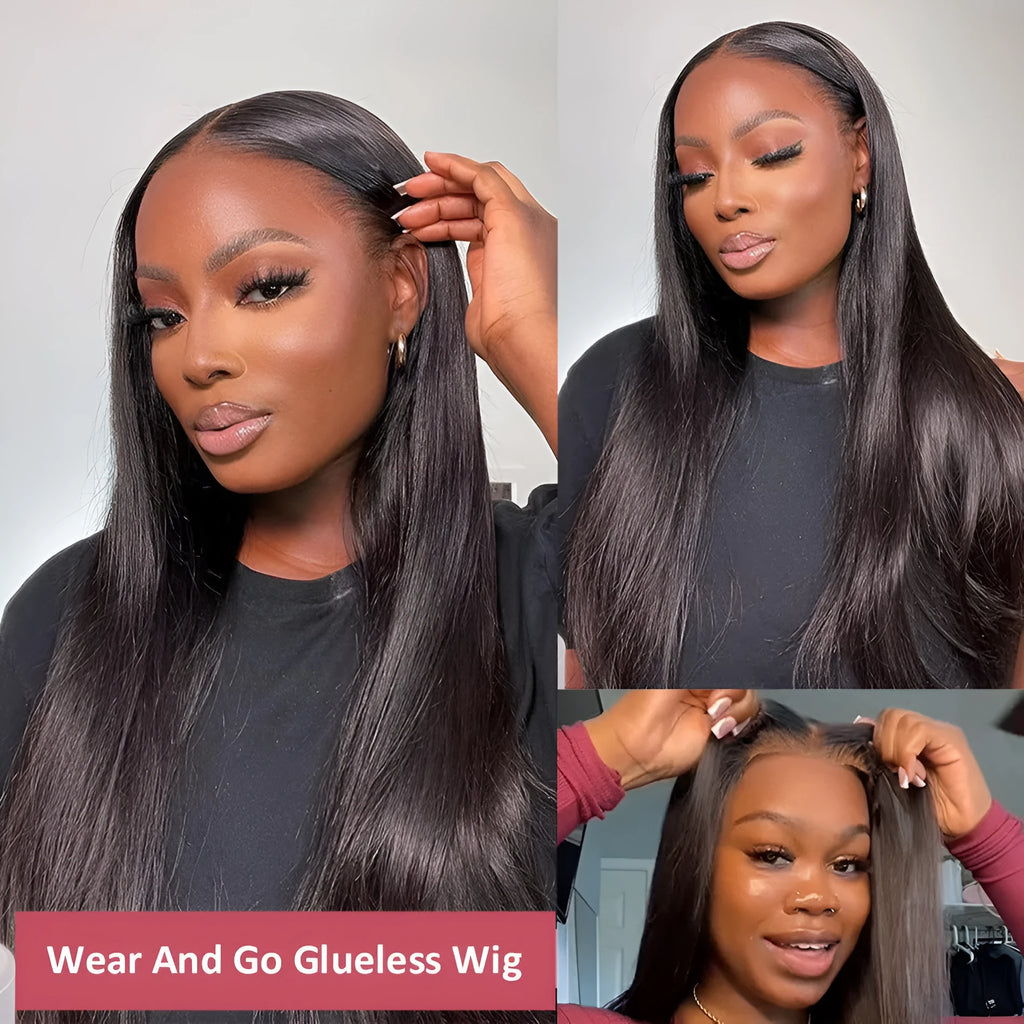 Glueless human hair straight wig with side bangs shown in long length