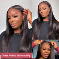 Glueless human hair straight wig with side bangs shown in long length