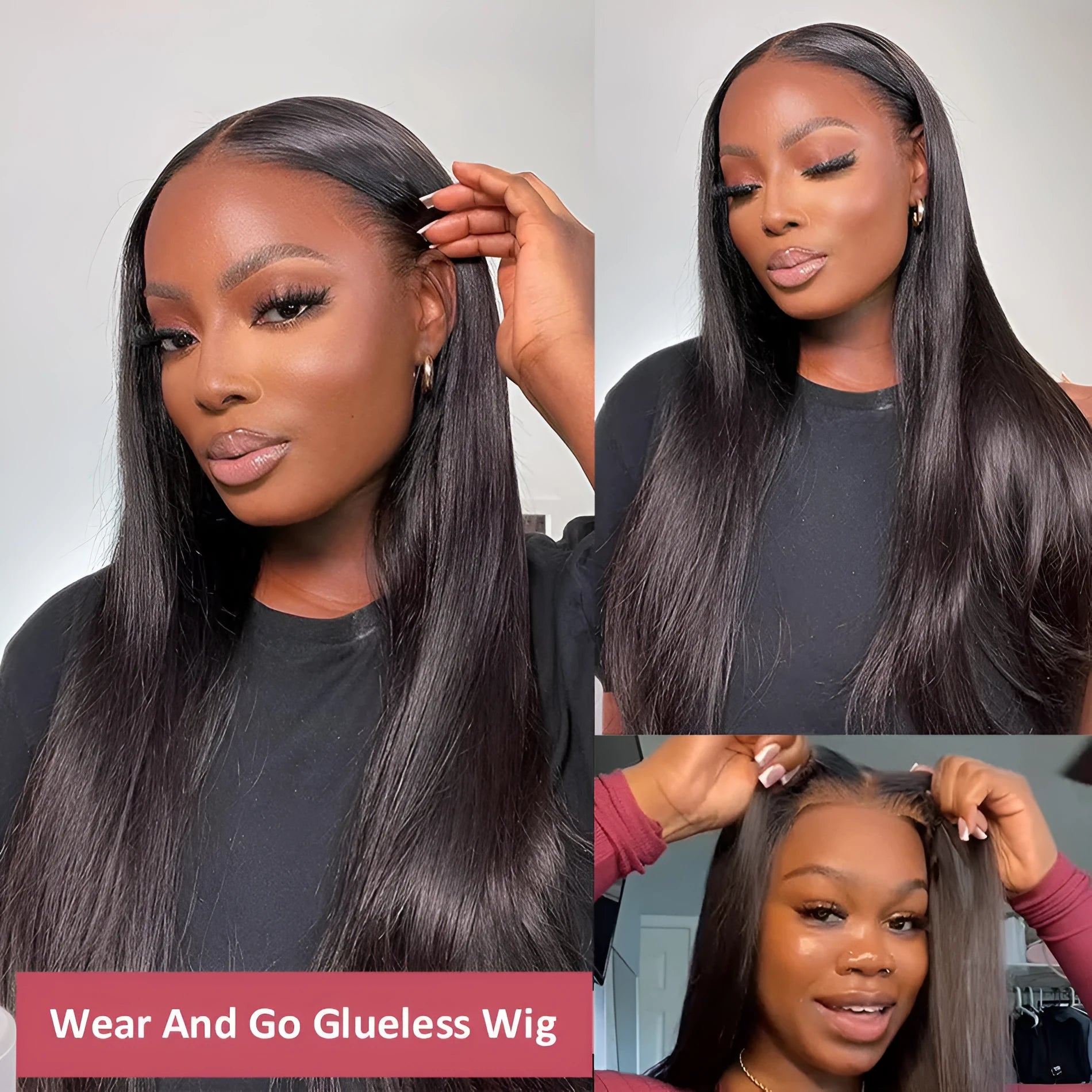 Glueless human hair straight wig with side bangs shown in long length