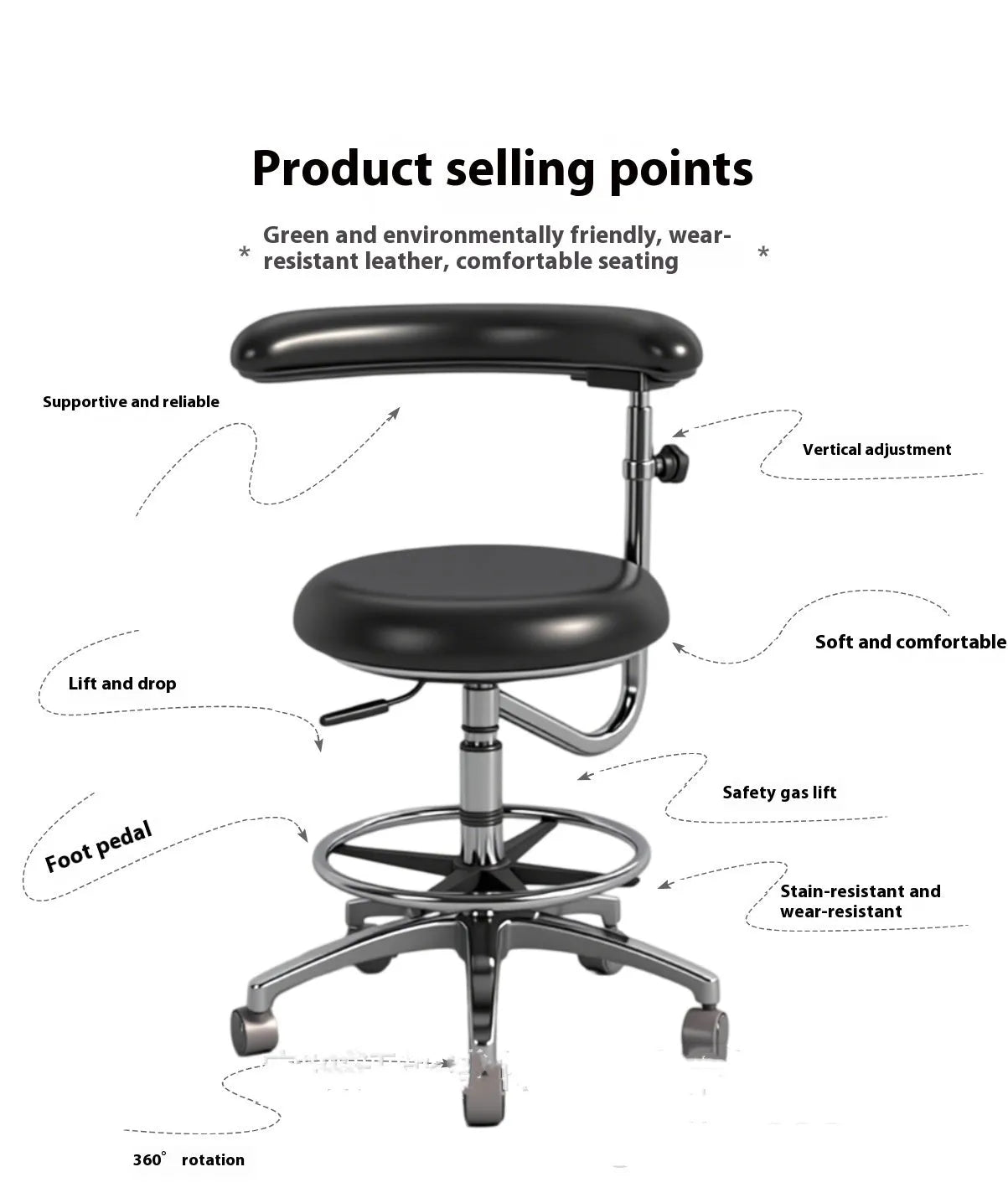 Black leather dental hospital chair lift for dentist and nurse clinical seating