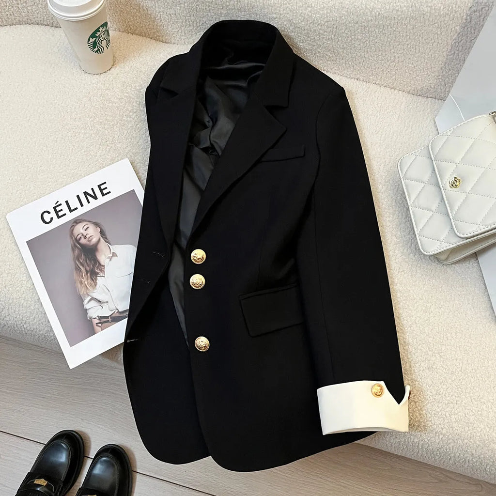 Korean style women's loose fit coat in beige colour with 65cm medium length and pocket detailing