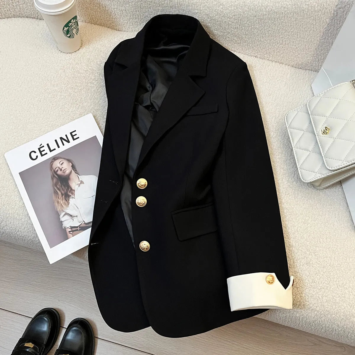 Korean style women's loose fit coat in beige colour with 65cm medium length and pocket detailing
