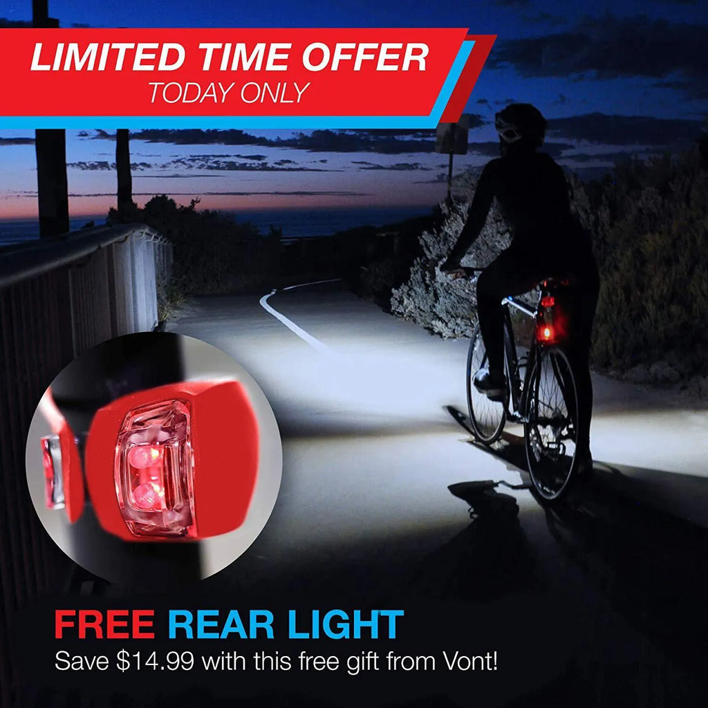 Bicycle headlight and taillight set with mounting bracket on a bike handlebar.