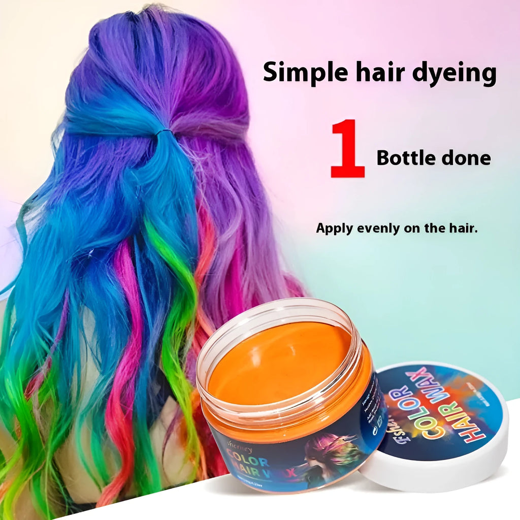 Jar of hair styling clay in one of nine colours: blue, green, purple, red, orange, yellow, white, rose red or granny grey.