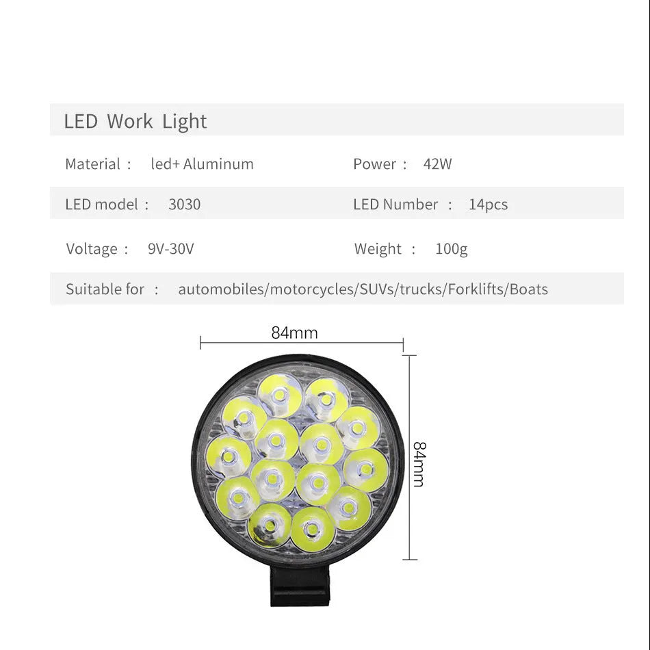 White LED car work light with aluminium housing and round design
