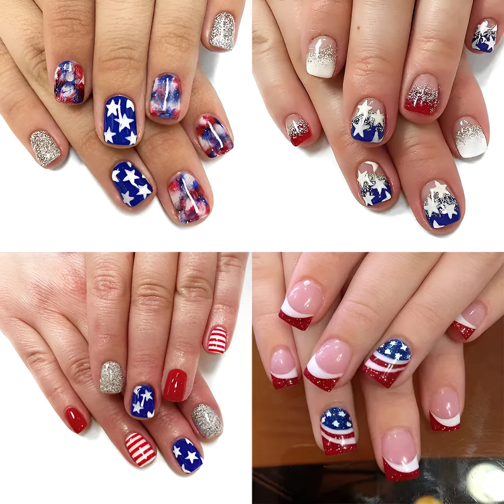 Independence Day nail art kit with three American flag five-pointed star designs for short European square nails