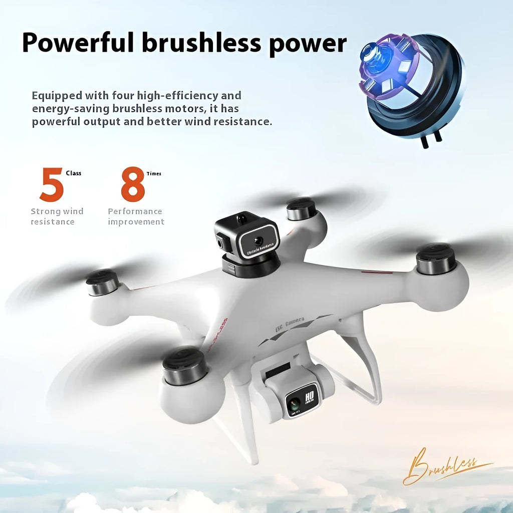 S116 black plastic brushless UAV quadcopter with four-side obstacle avoidance and HD camera, shown with remote control.