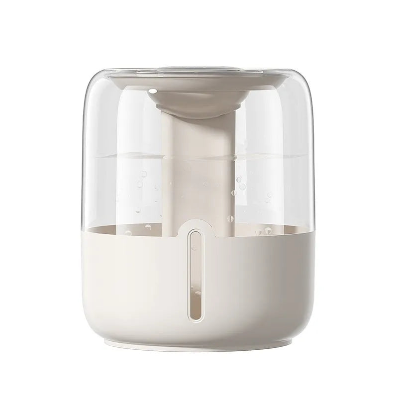 Beige round USB-powered humidifier with dual spray nozzles, night light, and display panel.