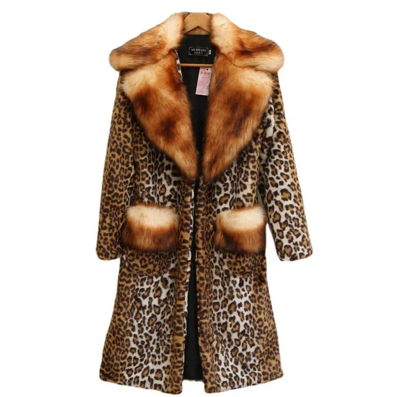 Women's long artificial fur jacket in leopard print, showing front view with regular sleeves.