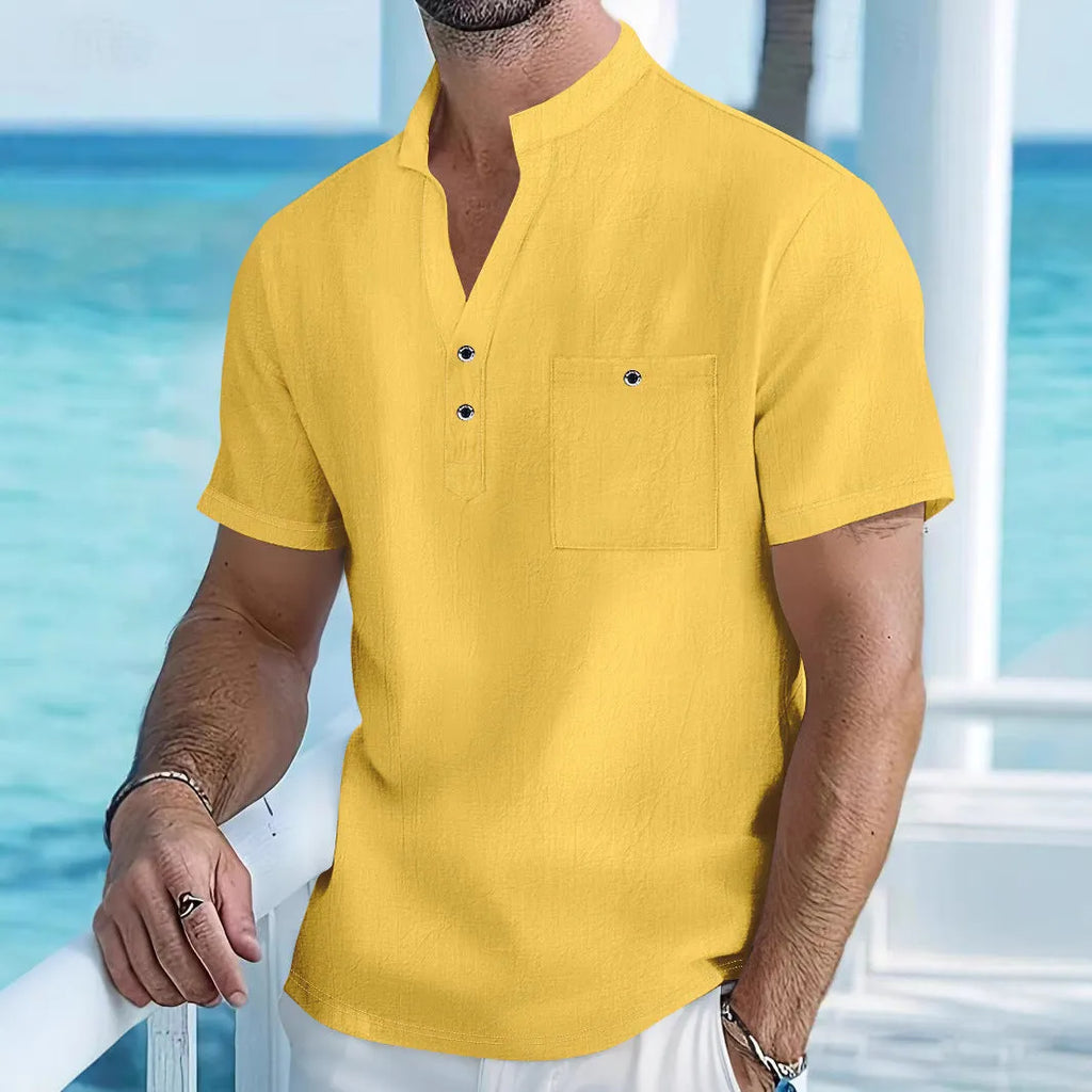 Men's linen stand collar t-shirt in light blue colour showing loose fit short sleeve design