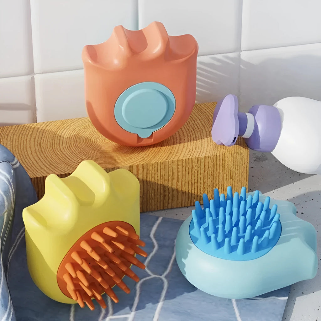 Blue silicone pet bath brush with built-in shampoo box for dogs and cats