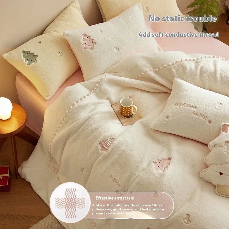 Green Christmas Tree pattern milk fibre bedding four-piece set with quilt cover and pillowcases