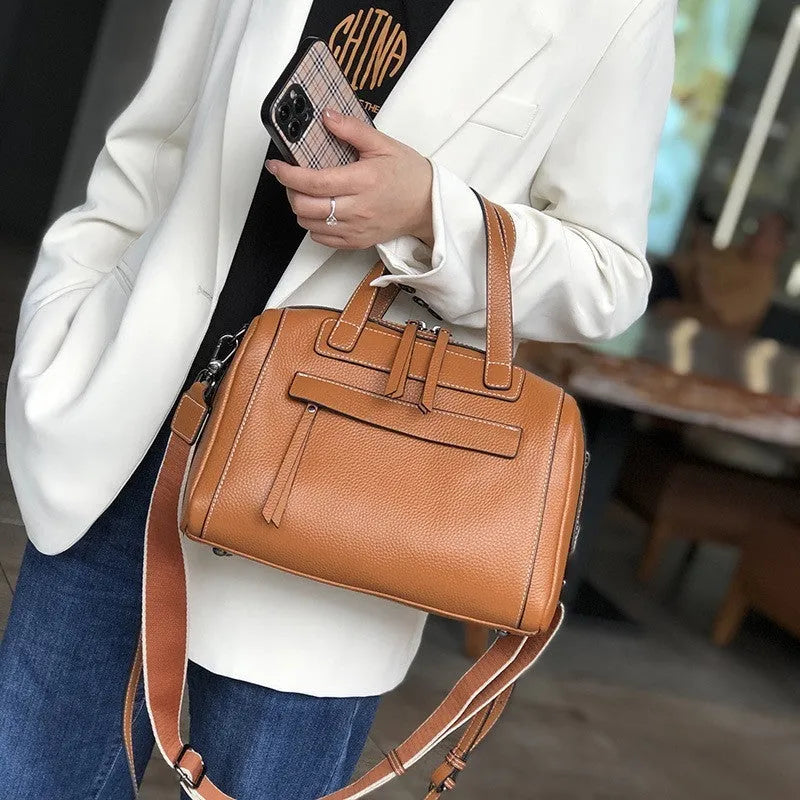 Genuine leather Boston lychee pattern messenger bag in horizontal square design with shoulder strap