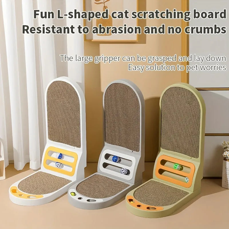 Grey L-shaped vertical cat scratching board with sisal fibre surface in a room corner.