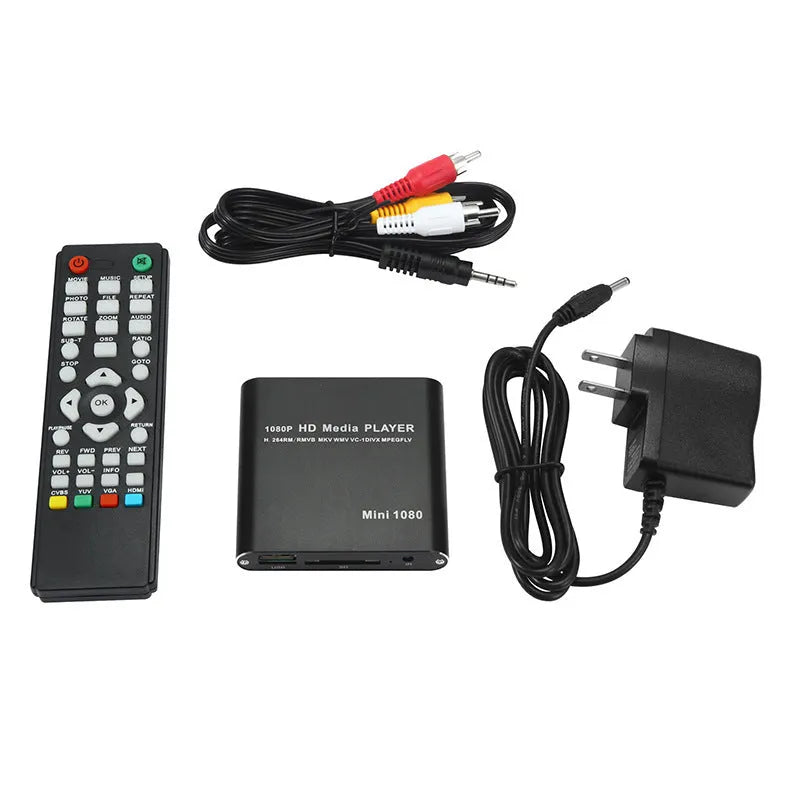Compact blue media player with remote control showing HDMI port and storage slots
