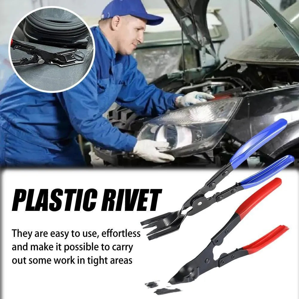 Blue steel automotive clamp removal pliers tool with 235mm length on a workbench.