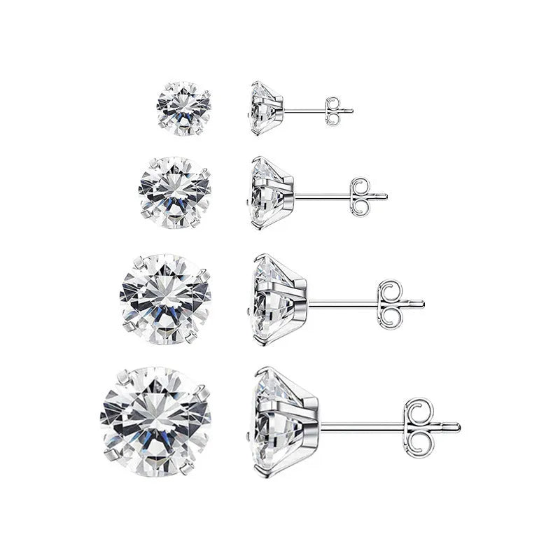 Square geometric stainless steel stud earrings with a single round zircon stone in gold or steel colour.