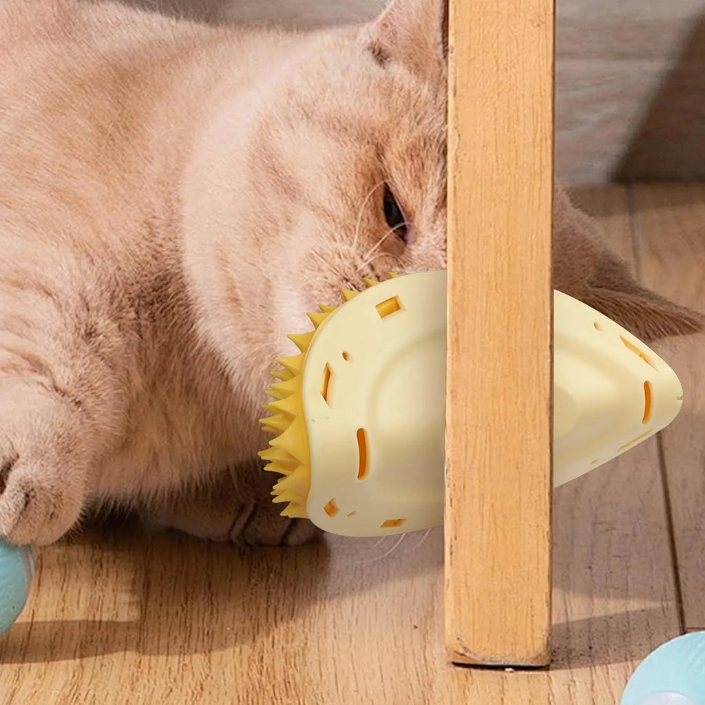 Yellow durian-shaped cat corner scratcher mounted on wall with cat mint powder