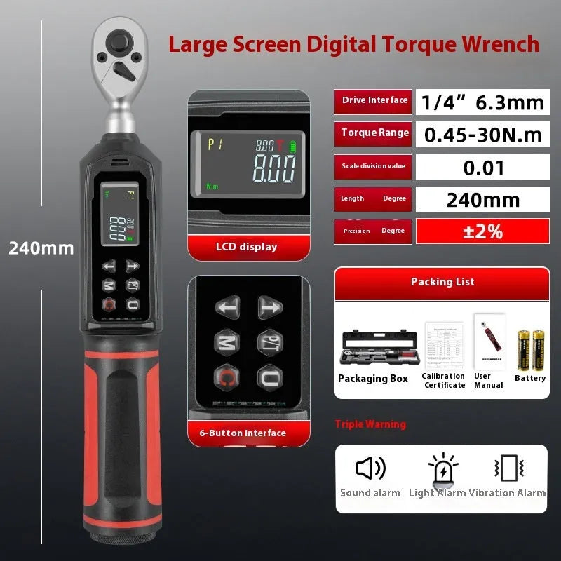 Digital display torque wrench with chrome-vanadium steel construction and triple warning indicators