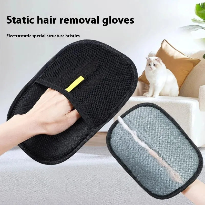 Black pet hair remover gloves with dual-sided silicone bristles for dog cat rabbit grooming