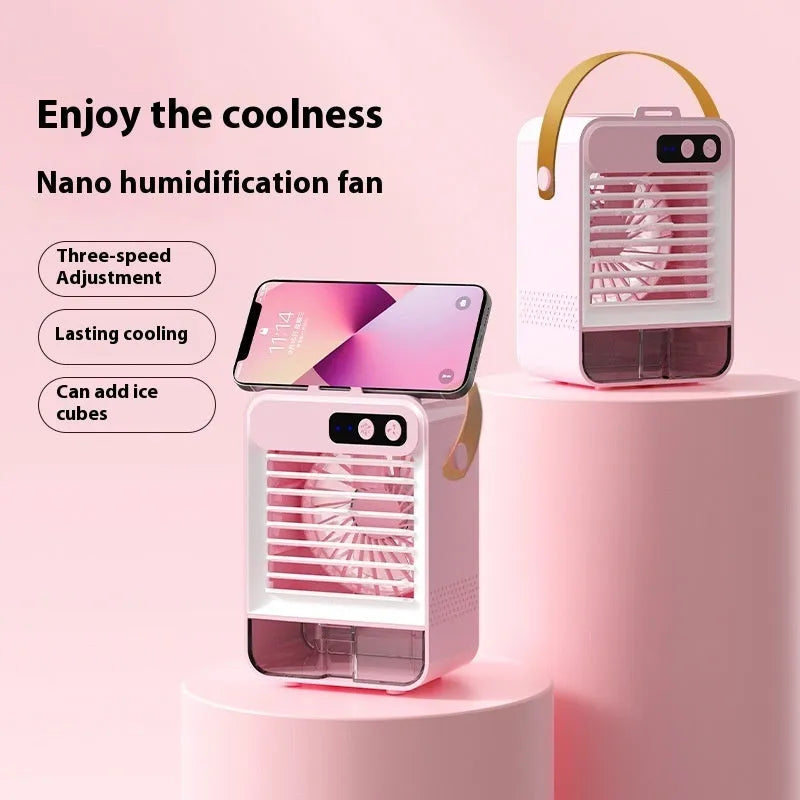 Compact dark green desktop humidifier with USB port and control panel, dimensions 19x12.5x10cm.