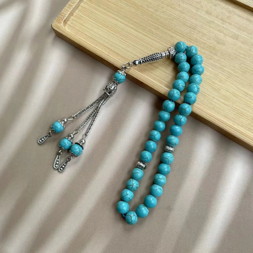 Sky blue stone Muslim prayer bracelet with 8mm spherical beads on wrist