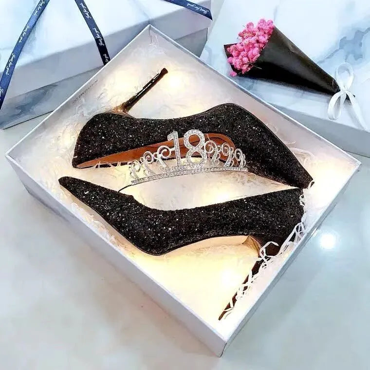 Women's crystal bridal shoes with stiletto heel in black or silver options