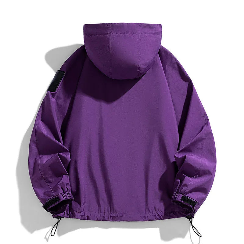 Men's black waterproof hooded jacket with long sleeves, shown in regular length fit.
