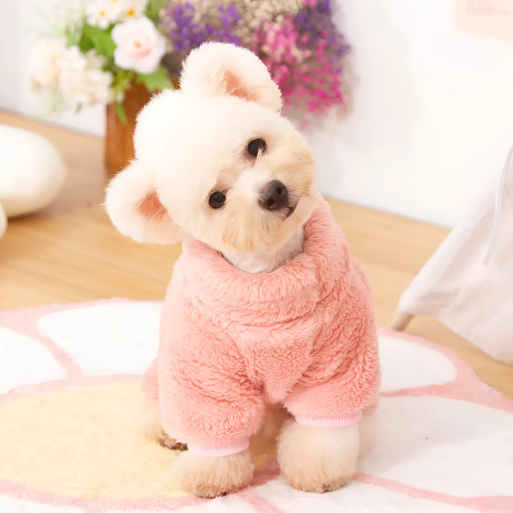 Double-sided thick plush dog clothing with high collar and towing ring in khaki colour