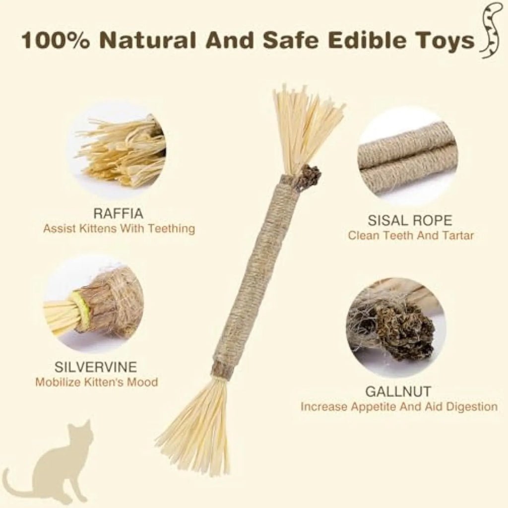 Three natural silvervine sticks for cats dental chew toys showing thick and fine diameter options