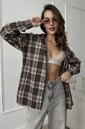 Women's dark brown striped long sleeve shirt with retro styling and cotton fabric
