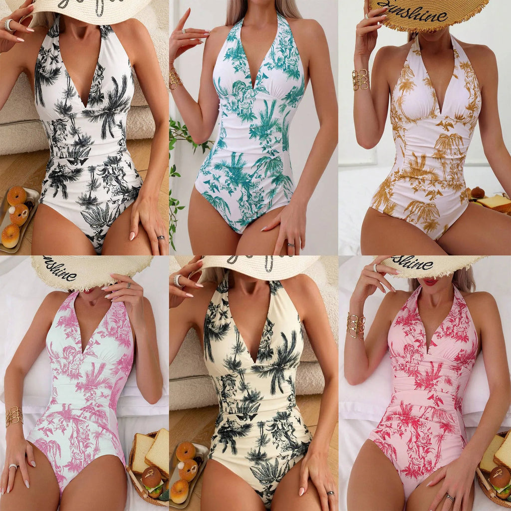 Women's printed V-neck one-piece swimsuit in seven colour options with adult female sizing