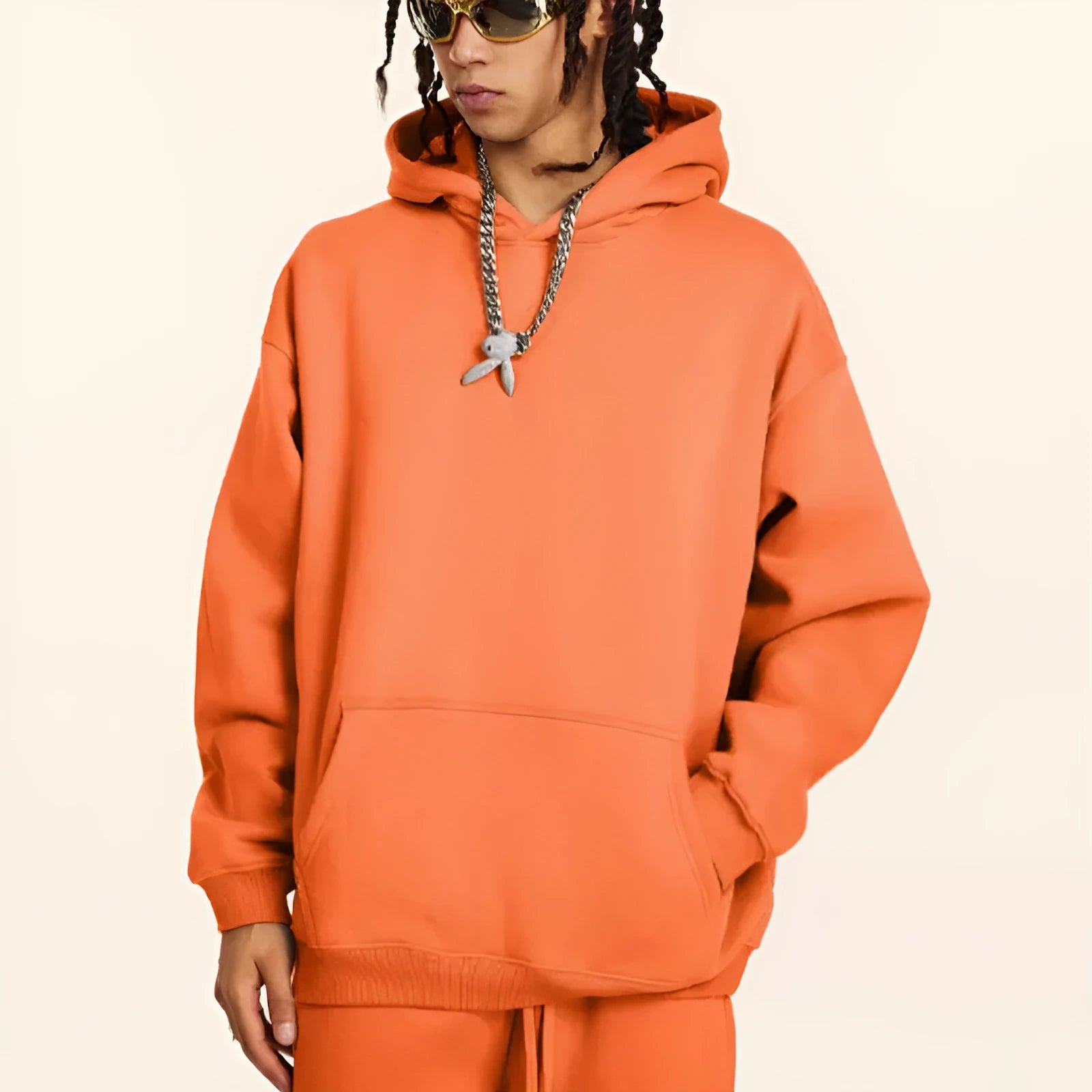 Men's grey cotton terry hooded sweater with loose fit and drop-shoulder sleeves