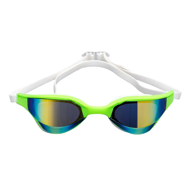 Close-up of racing style anti-fog swimming goggles with a silicone seal on a dark background.