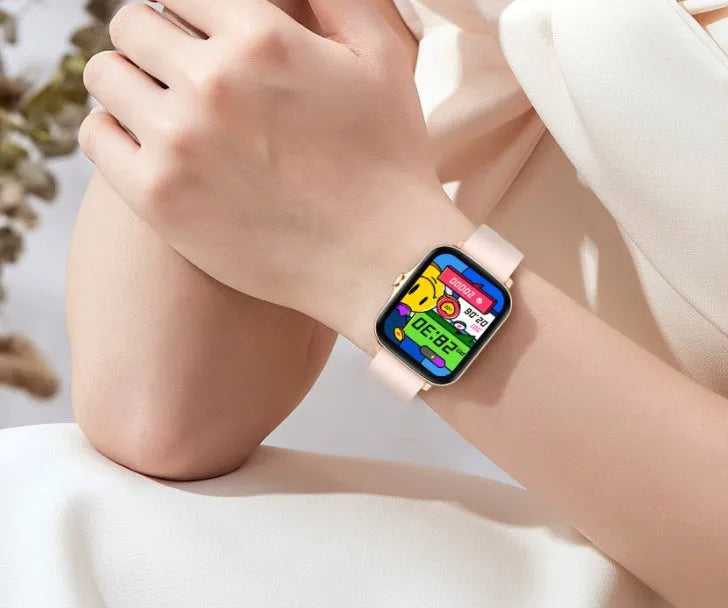 Smart sports watch with 1.7-inch colour touchscreen showing heart rate display on wrist
