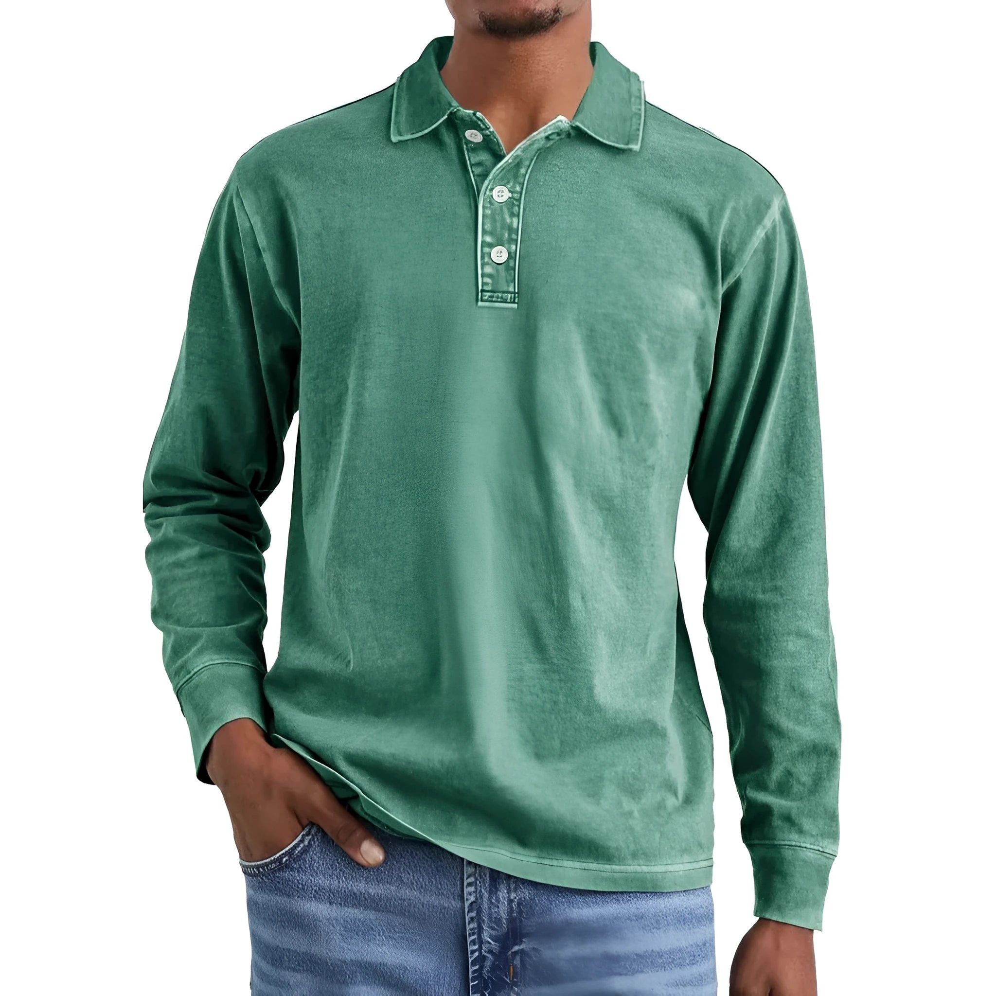 Retro washed distressed pure cotton long sleeve polo shirt with lapel collar, shown in Army Green.