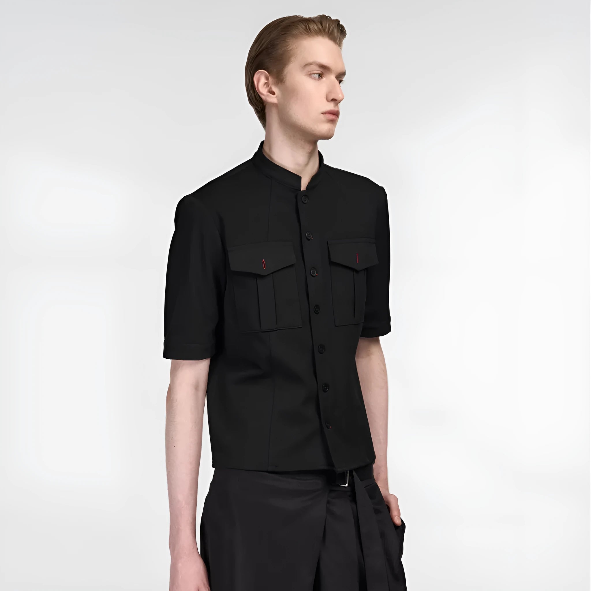 Black half-sleeve collared shirt with Red Eye hunting pattern, loose fit casual shirt