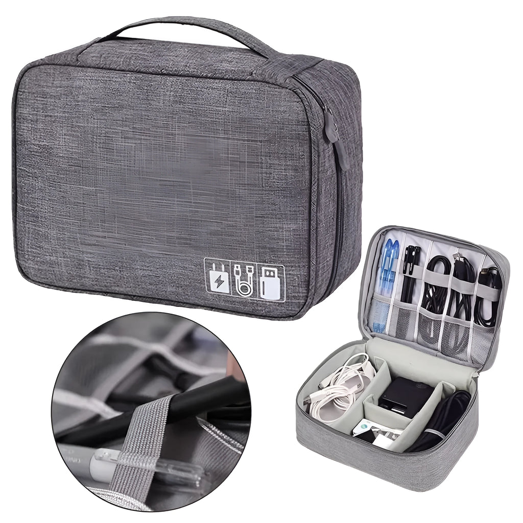 Black waterproof electronics organiser bag open to show removable dividers and mesh pockets for cables.