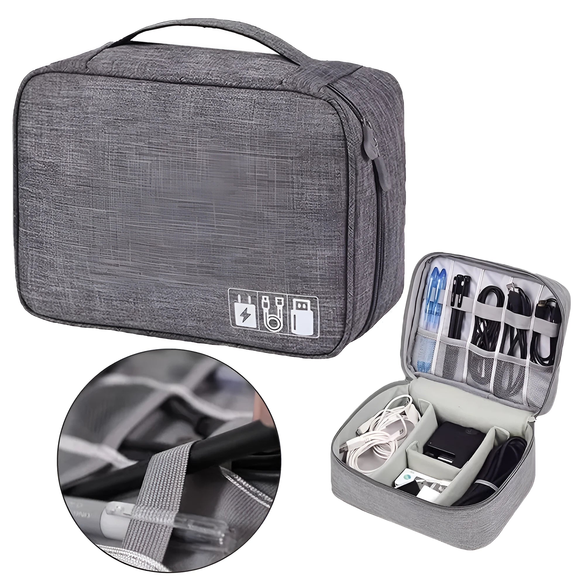 Black waterproof electronics organiser bag open to show removable dividers and mesh pockets for cables.