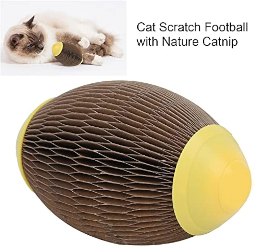 Ellipse-shaped corrugated paper catnip ball toy for cats on a neutral background