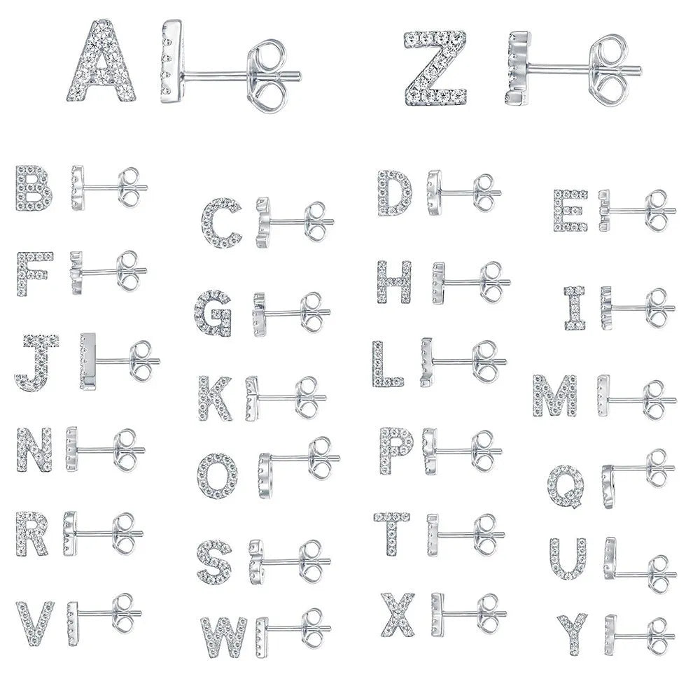 Gold plated alphabet letter earrings on a white background showing the full A-Z set with zircon detail.