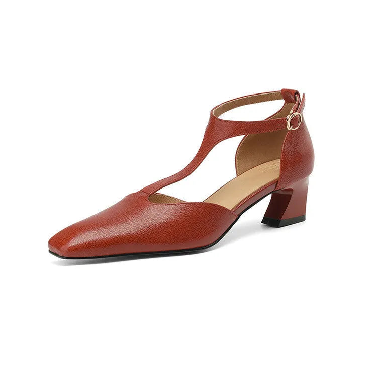 Women's wine red square-toe heels with chunky block heel and buckle fastening