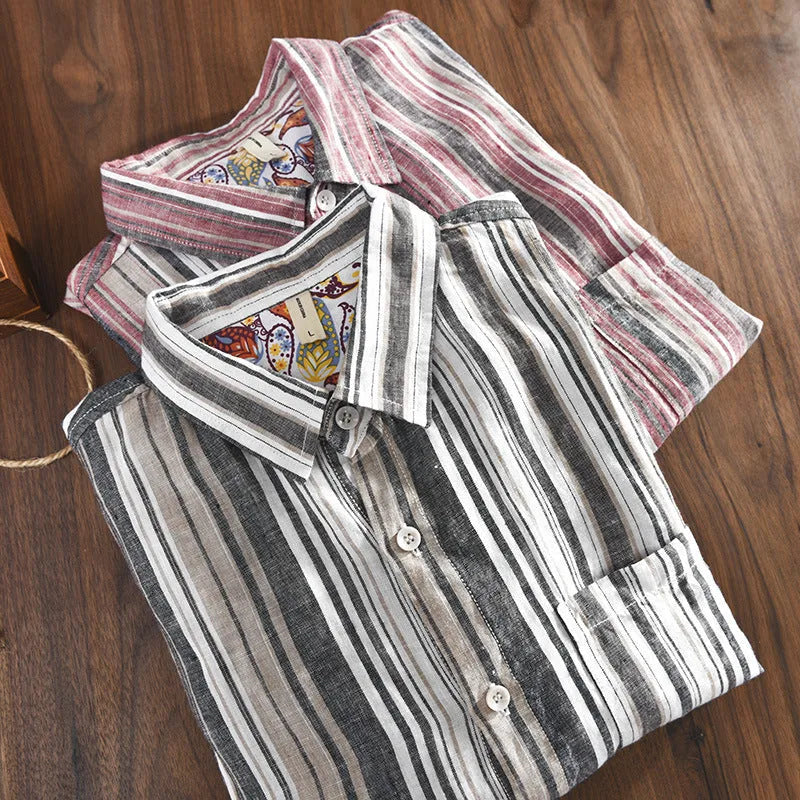 Men's grey linen striped shirt with long sleeves and loose casual fit
