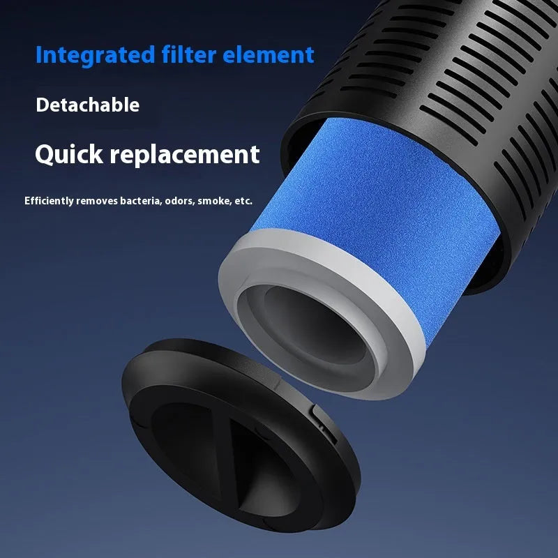 Compact black plastic car air purifier with negative ion function and USB power for small spaces