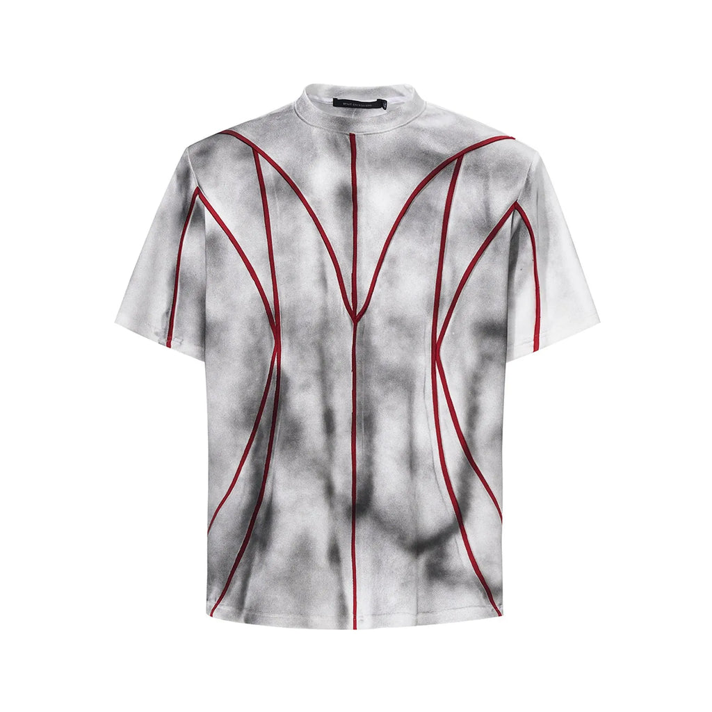 Short sleeve round neck T-shirt with padded shoulders and three-dimensional line patchwork design